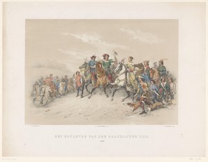 Utrecht Masquerade af 1851: Hofliv i 1296 Grevetidens Hofliv. 1296 (titel på objekt) Den nationale historie. fra de tidligste tider til slutningen af ​​1600-tallet, i otte scener, præsenteret i dragt af H.H. Dtudente af Antonie Johannes Groeneveldt