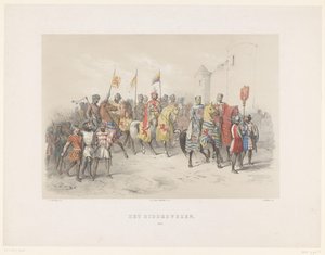 Utrecht Masquerade af 1851: Ridderskab, 1217 The Knighthood, 1217 (titel på objekt) Den nationale historie. fra de ældste tider til slutningen af ​​1600-tallet, i otte scener, præsenteret i dragt af H.H. Studerende fra Utrechtsche Hoo af Antonie Johannes Groeneveldt
