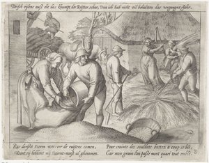 Tærskning af kornet Dyrkning af korn (serietitel) af Antonie Wierix (II) (possibly)