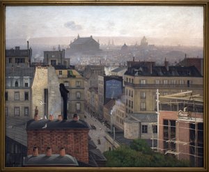 Paris set fra Montmartre. På væggen i en af bygningerne, en annonce for "Den Lille Avis". Maleri af Antonin Chitussi (Chittussi) (1847-1891), olie på lærred af Antonin Chittussi