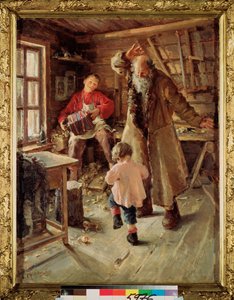 A Merry Moment (I et snedkerværksted spiller en dreng harmonika for at få en lille pige og en gammel mand til at danse) - A Merry Moment - Maleri af Antonina Leonardovna Rzhevskaya (1861-1934), olie på lærred af Antonina Leonardov Rzhevskaya