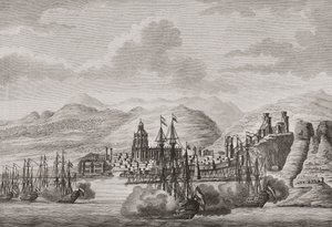Hollannin laivasto Malagan edustalla Espanjassa 1784 tulistusta. (Tulosta) af Antonio (after) Suntach