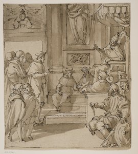 En kardinal af Barbarigo-familien modtaget i audiens af paven. Studer til en fresco i Villa Barbarigo, Noventa Vicentina
