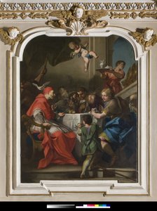 "" Sankt Gregoire den Store ved et bord med Jesus forklædning i pelerin"" Nær paven, Helligåndens due (Helligånden) 1729-1731 (maleri)