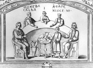 Banquetscene fra en tidlig kristen katakombe-fresko i Rom, illustration fra "Roma Sotterranea" af Antonio Bossi, udgivet i Rom i 1632 (træsnit) af Antonio Bosio