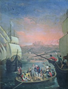 Santa Maria, Pinta og Ninas afgang fra Palos i 1492 (olie på lærred)