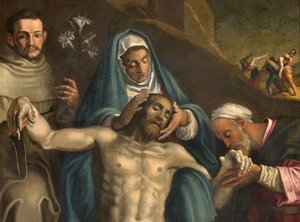 Nordlige tværskib, aflejringsalter, Kristusaflejring støttet af jomfruen og de hellige Raymond og Anthony af Padua, Antonio Campi 1566, detaljealtertavle