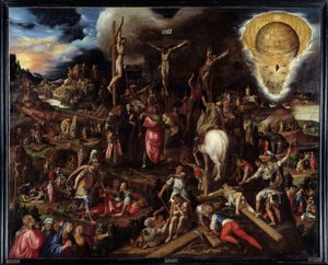 Lidenskabsscener: bøn i oliventræernes have, forræderi mod Judas, arrestation af Kristus, hånt Kristus, stiger op til Golgata (Korsets vej), korsfæstelse, opstandelse... Maleri af Antonio Campi (1526-1587) Ec. Ital