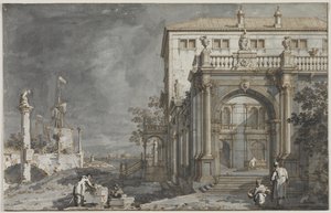 Capriccio: Et palads med en gårdhave ved lagunen, ca. 1750-1755. af Giovanni Antonio Canal