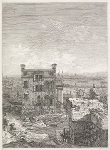Udsigt: Et hus omgivet af seks søjler, 1735-1746. af Giovanni Antonio Canal