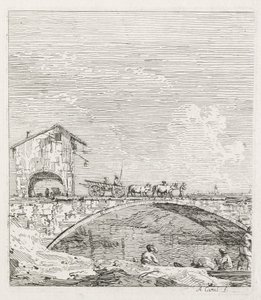 Udsigt: En vogn passerer over en bro af Antonio Canaletto