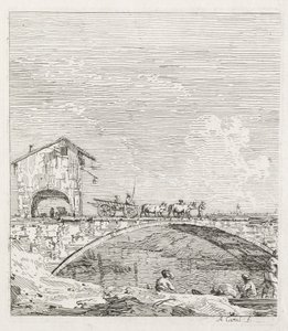 Visninger: En vogn passerer over en bro, 1735-1746. af Giovanni Antonio Canal