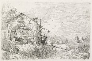 Visninger: En kvinde tegner vand under en bue, 1735-1746. af Giovanni Antonio Canal