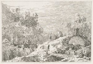 Udsigt: Bjerglandskab med fem broer af Antonio Canaletto