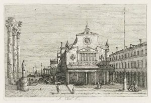 Udsigt: Tre søjler og en statue på havkysten af Antonio Canaletto