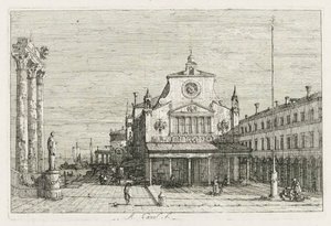 Udsigt: Tre søjler og en statue på havkysten, 1735-1746. af Giovanni Antonio Canal