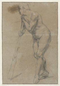 Studie af en nøgen mand, der læner sig op ad en kølle af Antonio Carracci