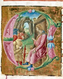 Herode I den Store (73-4 f.Kr.) beordrede massakren af uskyldige Lettrine oplyst af Antonio Cicognari. Detalje af et antifonar. 1483. Cremone, kor 4, capitolo del duomo
