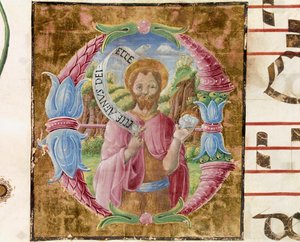 Sankt Johannes Døberen Lettrine belyst af Antonio Cicognari. Detalje af et antifonar. 1483. Cremone, kor 4, domkirkens kapitel af Antonio Cicognara