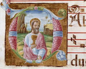 Sankt Johannes Evangelist Lettrine oplyst af Antonio Cicognari. Detalje af et antifonarium. 1483. Cremone, kor 4, capitolo del duomo