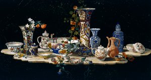 Bordplade med porcelænsvaser, ca 1797, halvædelstensmosaik på marmor, skabt i storhertugelige værksteder i Firenze efter model af Antonio Cioci (aktiv i anden halvdel af 1700-tallet), Italien, italiensk kultur