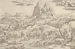 Landskab fra Venus Pushing Cupid stel, 1540-45. af Antonio Fantuzzi