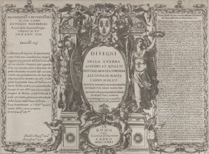 Frontispice for tegninger af krigen, belejringen og angrebet af den tyrkiske hær på øen, 1631. af Antonio Francesco Lucini