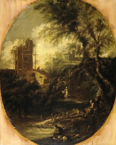 Landskab med Eremit, Pilgrim og Bondekone af Antonio Francesco Peruzzini (attributed to)