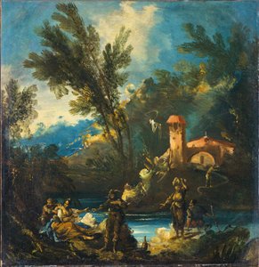 Et skovklædt flodlandskab med figurer af Antonio Francesco Peruzzini