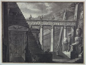 Scenedesign, gårdhave til et egyptisk tempel