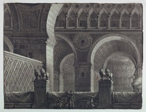Scenedesign, interiør i orientalsk bygning af Antonio Giuseppe Basoli