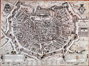 Bykort over Milano redigeret af Antonio Lafreri (Lafrery eller Lanfrerius) (1512-1577) i 1573. Dette er det ældste kort i byen. Milano, Milano Museum - Kort over Milano. Det ældste kort over byen i 1573, redigeret af Antonio Lafreri. Italien, Milanos museu