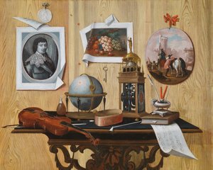 Trompe l"oeil af et tryk og to malerier, en nøgle, en violin, en globus, et ur, et nodeark og andre genstande på et bord af Antonio Mara