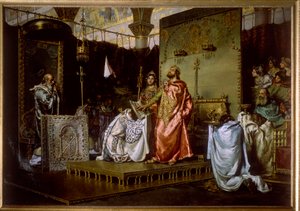 Tredje råd i Toledo (589) - konvertering af Recarede I (559-601) til katolicisme - Konvertering af reccare til katolicisme ved koncilet III i Toledo, 589 - Maleri af Munoz Degrain, Antonio (1840-1924)