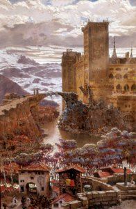 Udsigt over et romantisk slot. Maleri af Antoni Munoz i Degrain (1841-1924). Begyndelsen af det 20. århundrede. Valencia. Museum of Fine Arts San Pio V.