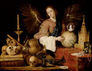 ""Allegorie de la Vanite"" (""Forfængelighedens Allegori") Detalje af forfængeligheder og et slukket lys - Maleri af Antonio de Pereda y Salgado (1611-1678) 1634 Dim 139,5x174 cm Wien, Kunsthistorisches Museum
