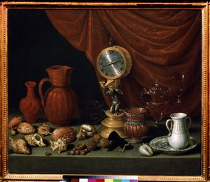 "Stilleben med et ur" Pendel, kande, skaller, nødder, krystalglas. Maleri af Antonio de Pereda y Salgado (1611-1678) 1652 Pushkin Museum, Moskva