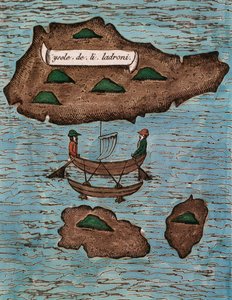 Islas de los Ladrones (i dag Mariana-øerne), farvet træsnit fra Rapport om den første rejse rundt i verden med Ferdinand Magellan af Antonio Pigafetta