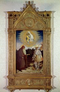 Jomfruens åbenbaring for den hellige Antonius Abbe (den hellige Antonius den Store (250/251-356) (eller den hellige eneboer Antonius) og den hellige Georg. Maleri af Antonio di Puccio Pisano dit Pisanello (1395-1455)