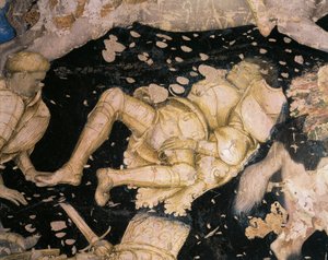 Ridderisk emne, detaljer fra Tournament-Battle of Louvezerp, af Antonio Pisanello (1395-1455), fresco. Palazzo Ducale i Mantua. af Antonio Pisanello