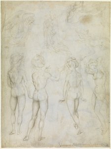 Fire studier af et kvindeligt nøgenbillede, en bebudelse og to studier af en svømmende kvinde, ca. 1425 (metalspids, pen og blyant i brunt på pergament) af Antonio Pisanello