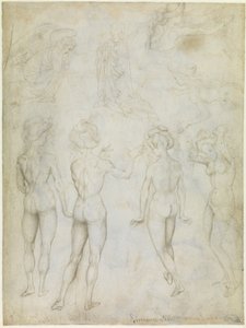 Fire undersøgelser af en kvindelig nøgen, en bebudelse og to undersøgelser af en kvinde, der svømmer, ca. 1425 af Antonio Pisanello