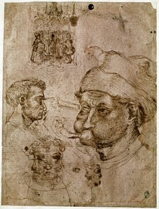 Fire mænds hoveder, hvoraf to har tre ansigter. En altertavle. En hest. Tegninger fra Antonio di Puccio Pisano dit Pisanellos værksted (1395-1455). Brunt blæk, pen (tegning), blod. Mål: 27,1 x 20,5 cm. Louvre, Cabinet des medailles. af Antonio Pisanello