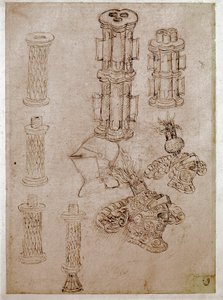 Tre hjelme toppet med cests og to stykker kanoner demoleret. Tegning af Antonio di Puccio Pisano dit Pisanello (1395-1455) Brun blæk, sort sten, fjer. Mål: 28,7 x 20,6 cm. Louvre, tegnefirma af Antonio Pisanello