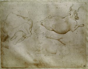 To køer og en enebær. Tegning af Antonio di Puccio Pisano dit Pisanello (1395-1455). Scroll, metalspids. Højde: 17,6 cm. Louvre, Cabinet des medailles af Antonio Pisanello