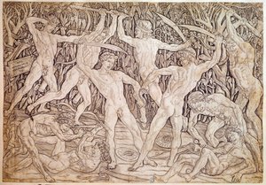 Nøgne mænd kæmper. Graveret af Antonio Pollaiuolo (Pollaiolo) (1432-1498)