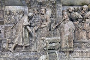 Columbus og de katolske konger, detalje af præsentationen af Columbus for de katolske konger på Salon del Tinell i Barcelona (bronze) af Antonio Susillo Fernandez