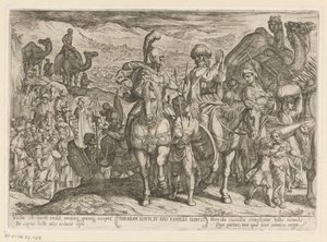 Abraham tager Lot og hans familie til sit eget land Abraham Loth, et familia reducit (titel på objekt) Gamle Testamentes kampscener (serietitel) af Antonio Tempesta