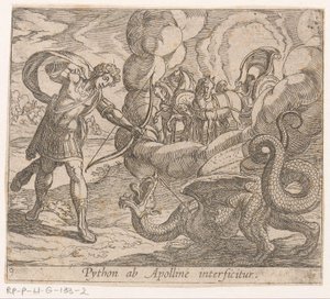 Apollo doods Python Python bliver dræbt af Apollo (titel på objekt) Metamorfoseon eller transformationer (serietitel) Metamorfosen van Ovidius (serietitel) af Antonio Tempesta