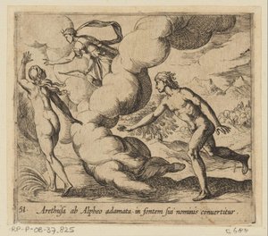 Arethusa bliver efterfølget af Alpheus Arethusa, forelsket i Alpheus, bliver forvandlet til kilden til hendes navn (titel på objektet) Metamorfoseon eller transformationer (serietitel) Metamorfosen van Ovidius (serietitel) af Antonio Tempesta